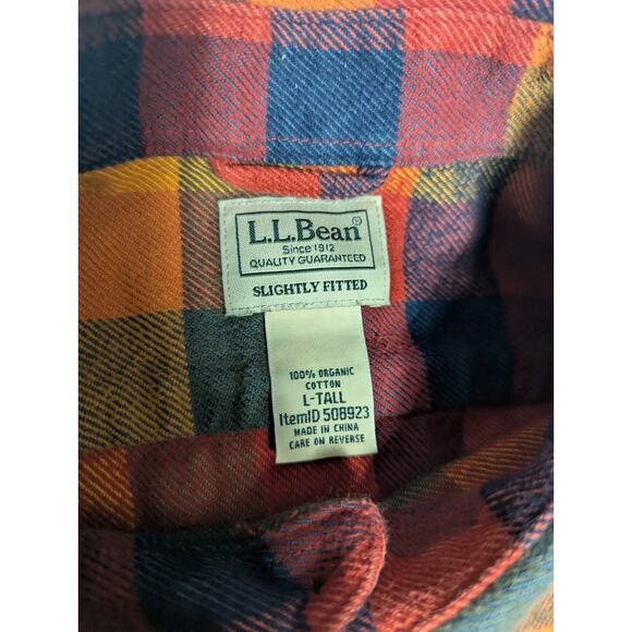 LL Bean Brown Plaid Flannel Button Down Shirt Orange Thermolite Size LT L Tall - Picture 5 of 8